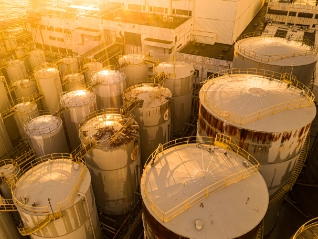 Chemical storage plant in the evening sunlight
