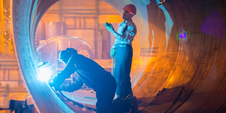 Two male welders working on metal pipe