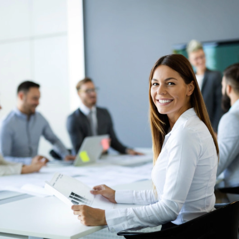 Team discussing customized modular insurance policies