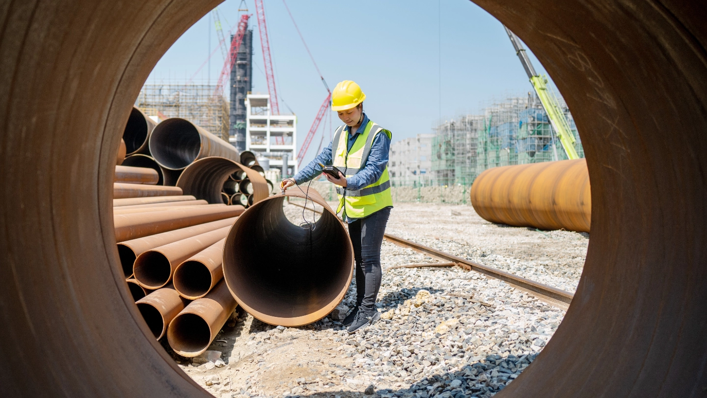 Female construction worker viewed through an industrial pipe image