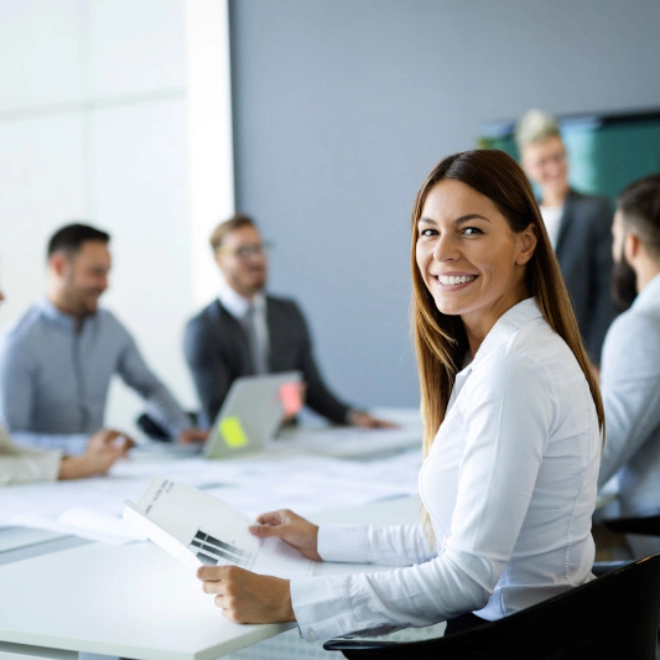 Team discussing customized modular insurance policies